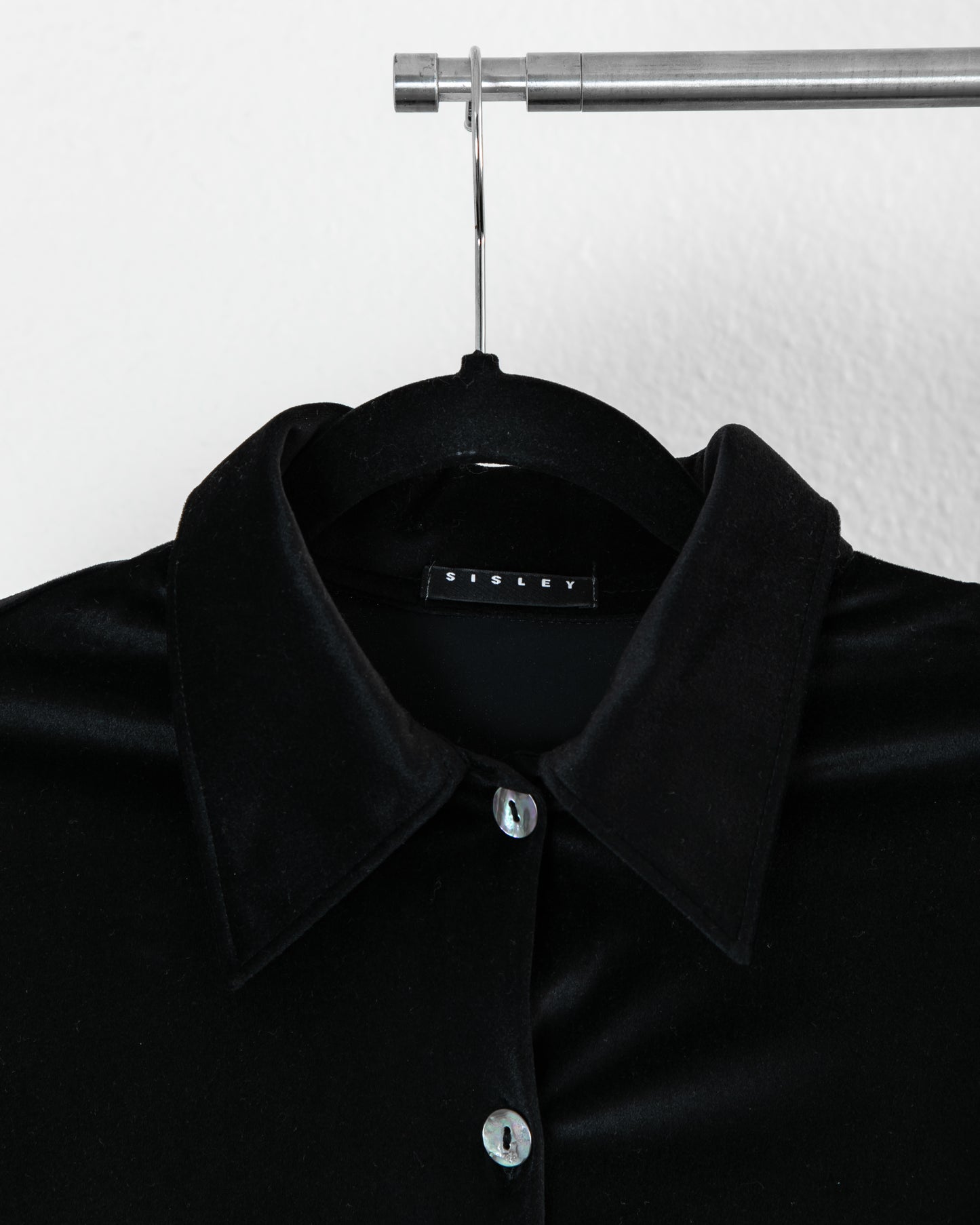 SISLEY Velvet Long Sleeve Button Down in Black with Pearl Buttons