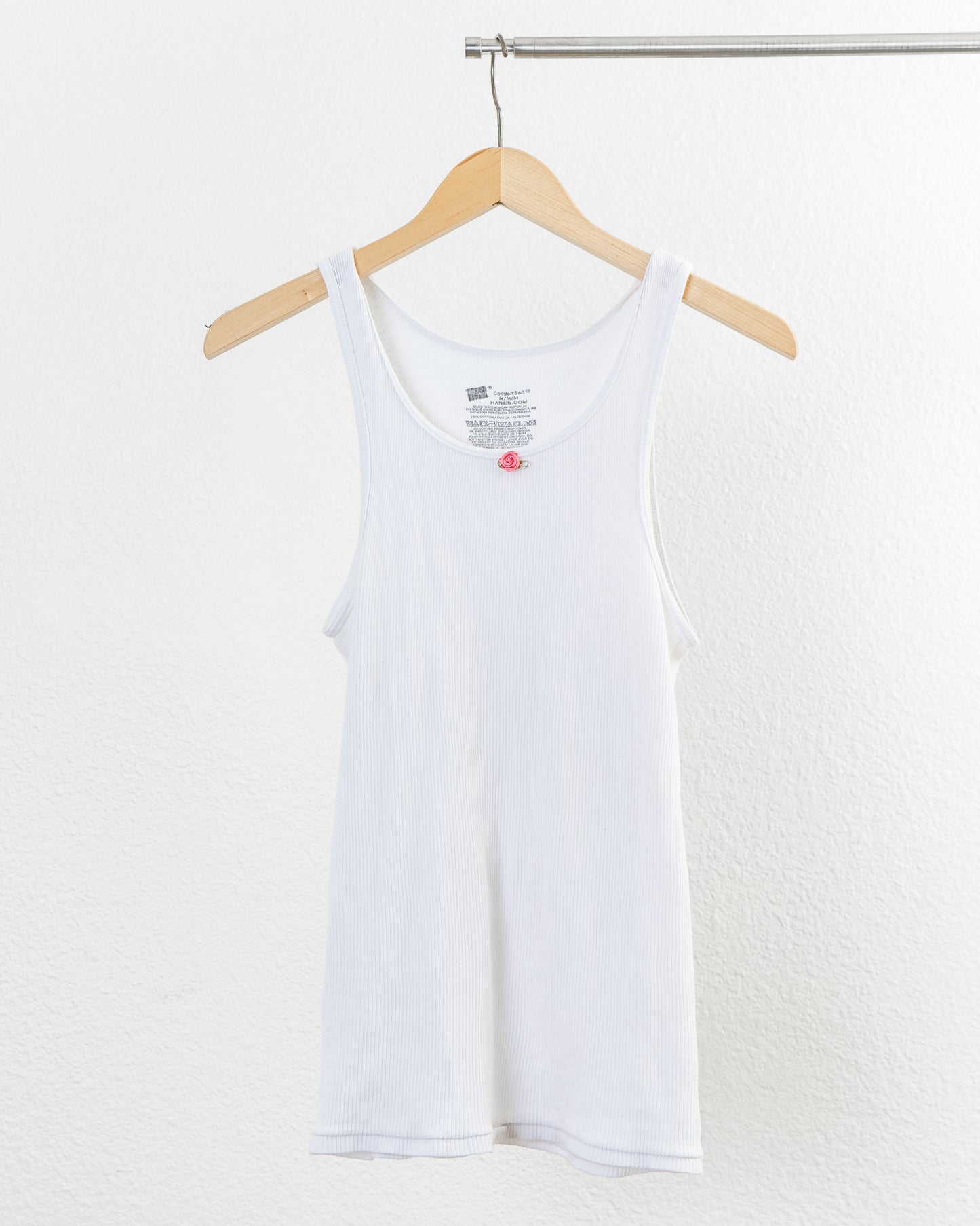 HANE'S Cotton Tank with Rose Trim in White