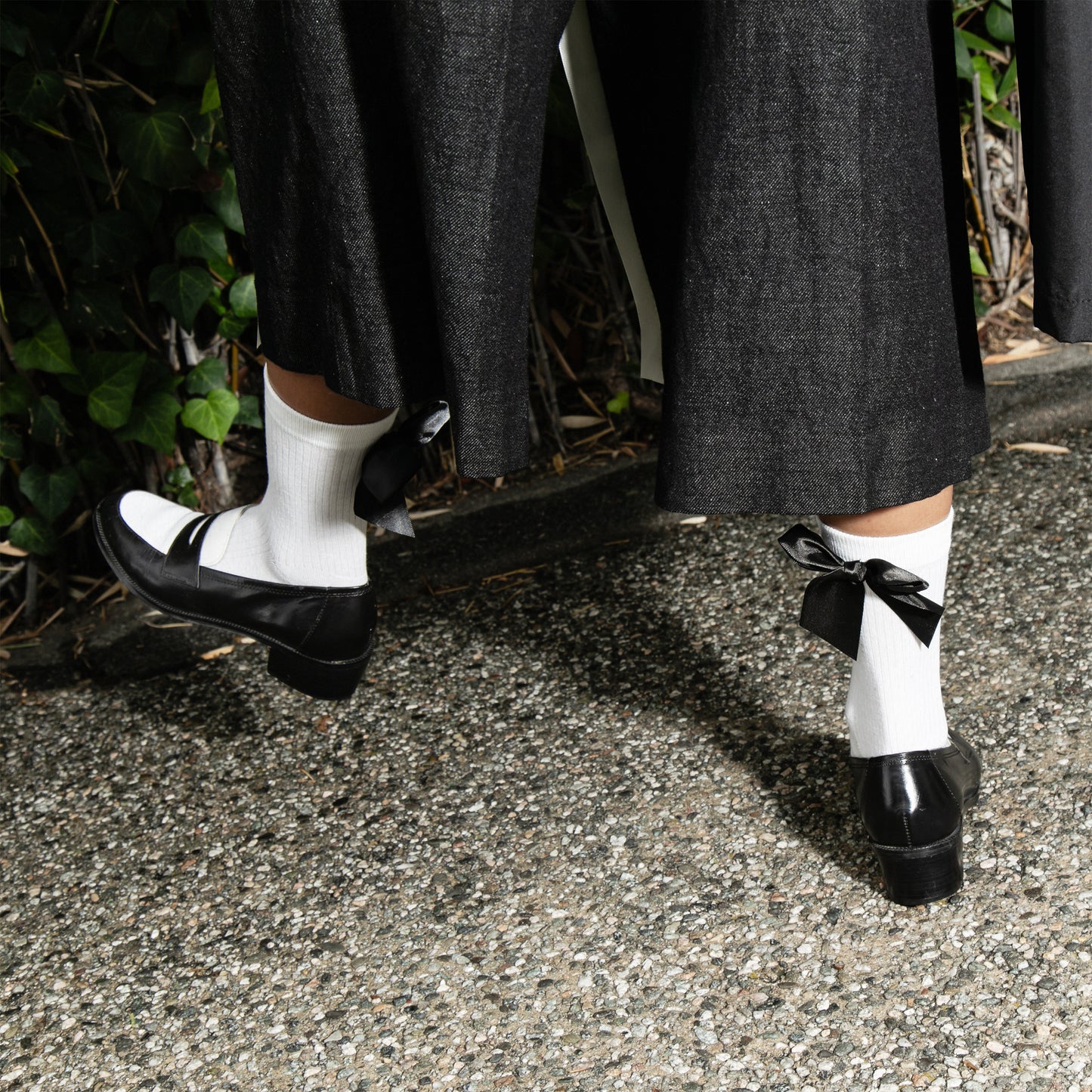 CHRISTINE GARCIA White Mid Crew Socks with Black Satin Bows