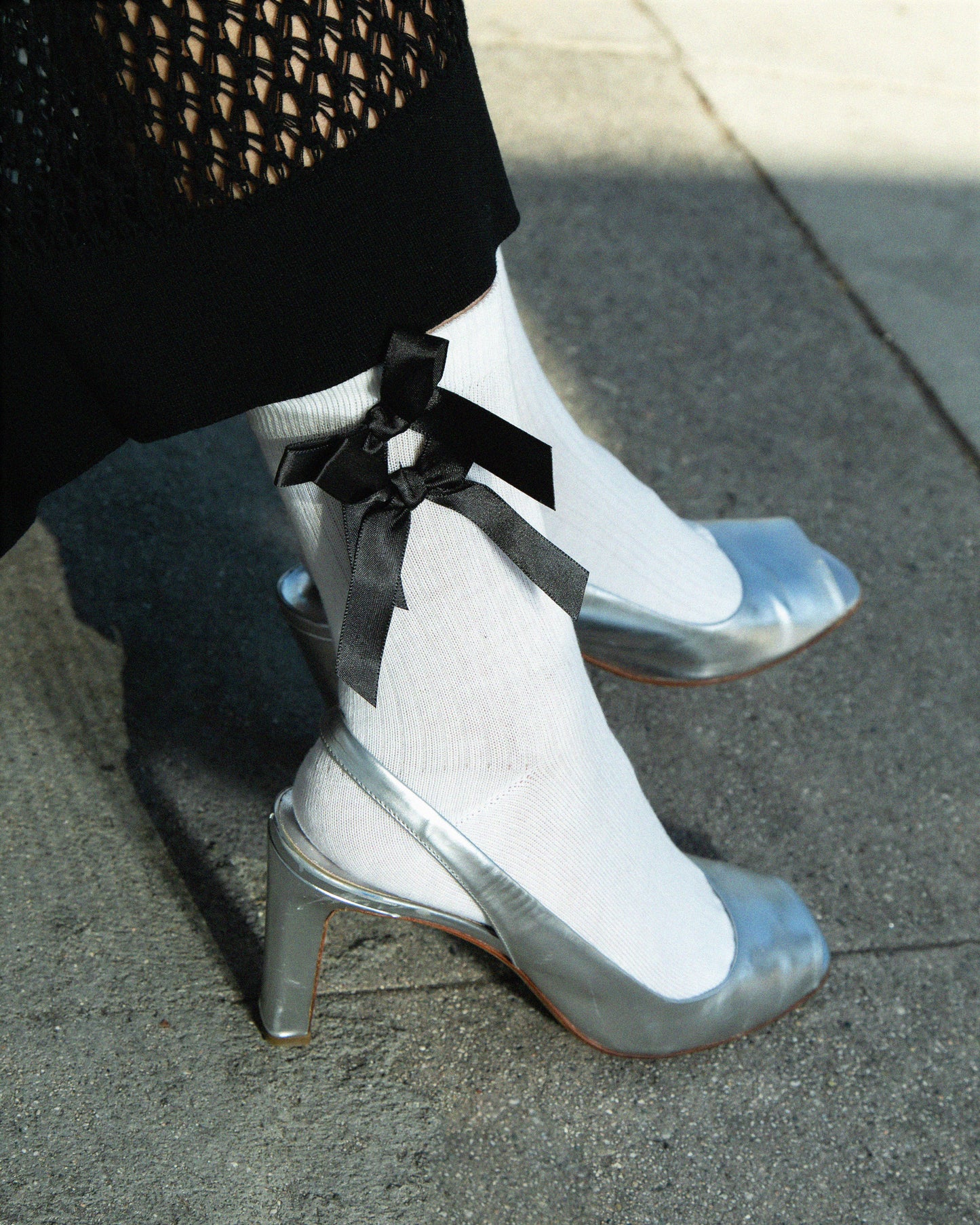 CHRISTINE GARCIA White Mid Crew Socks with Black Satin Double Bows