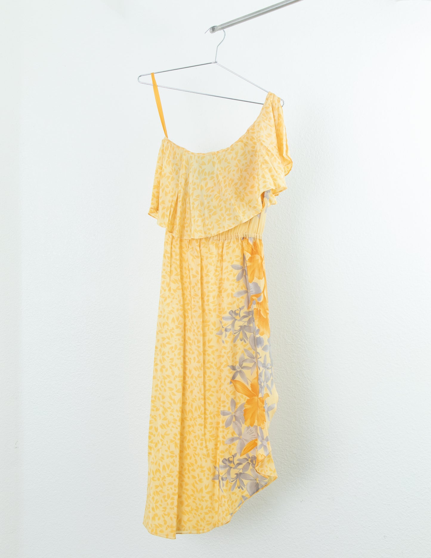 MARINA FERRARI One Shoulder Silk Floral Ruffle Dress in Yellow SZ 8