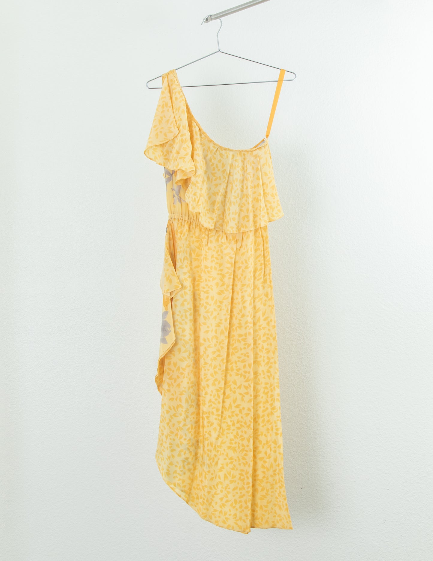 MARINA FERRARI One Shoulder Silk Floral Ruffle Dress in Yellow SZ 8